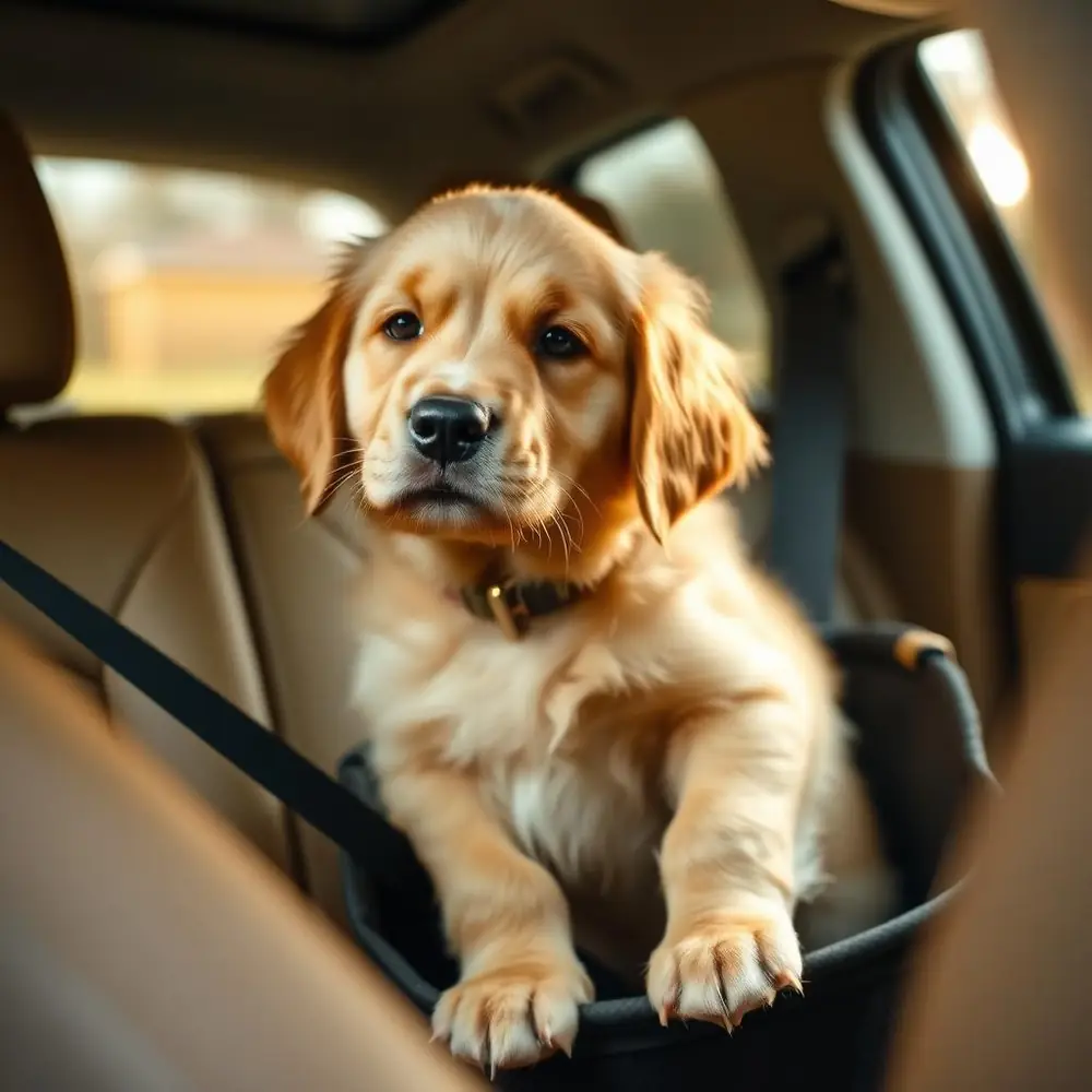 Filhote de golden retriever seguro no carro