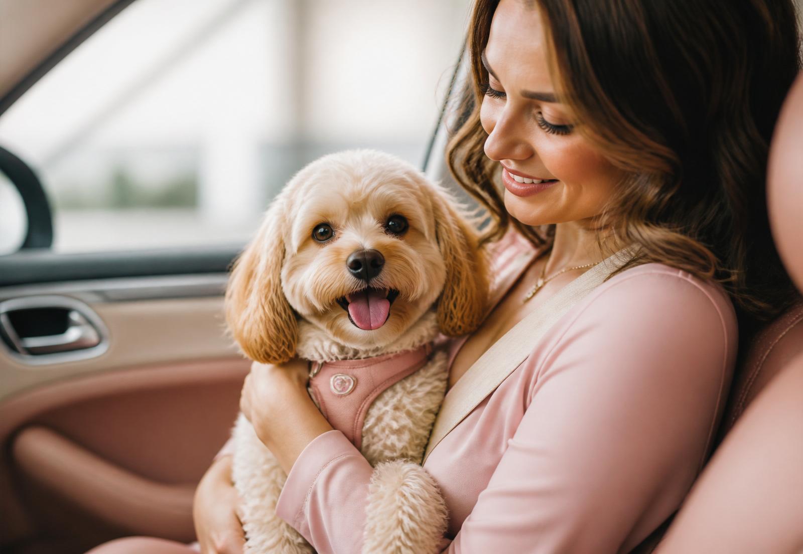 Tutora abraçando seu pet dentro do carro